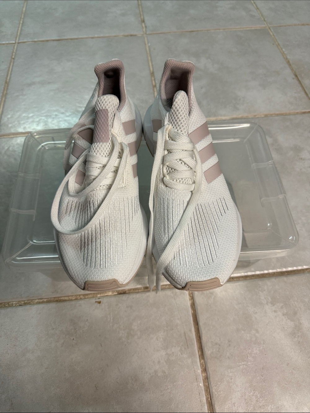 adidas Girls' White Sneakers with Pale Pink Stripes